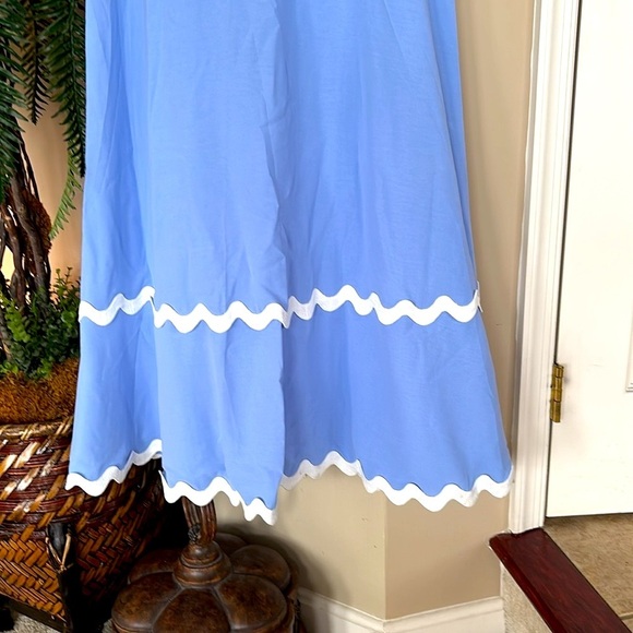 Brand New Blue Flowy Maxi Dress w/ White Ric Rac Tie Back Smocked Puff Sleeves - Picture 7 of 16